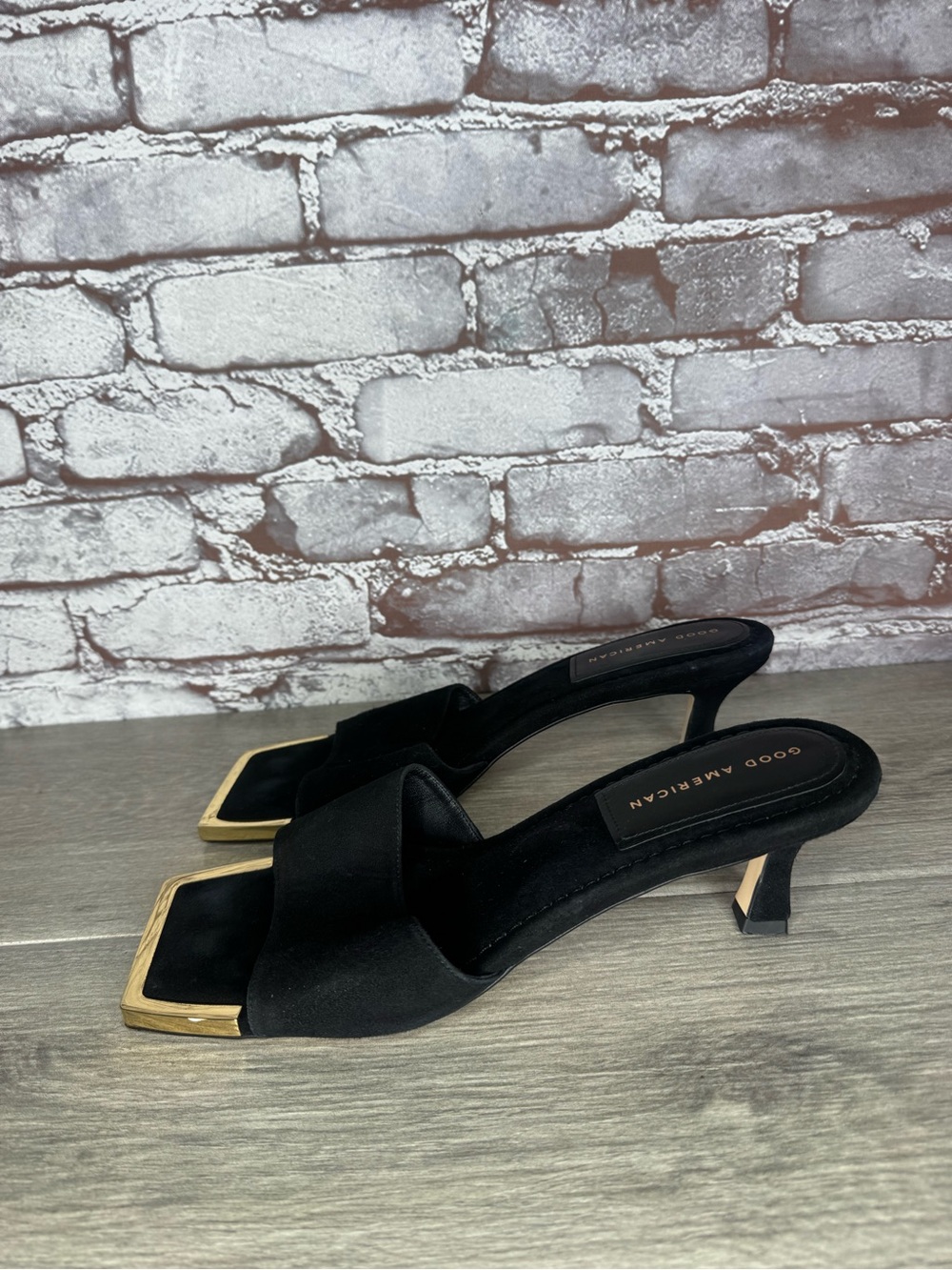 Good American Standout Black Suede Square Toe Kitten Heel Mule Heels Women sz 10